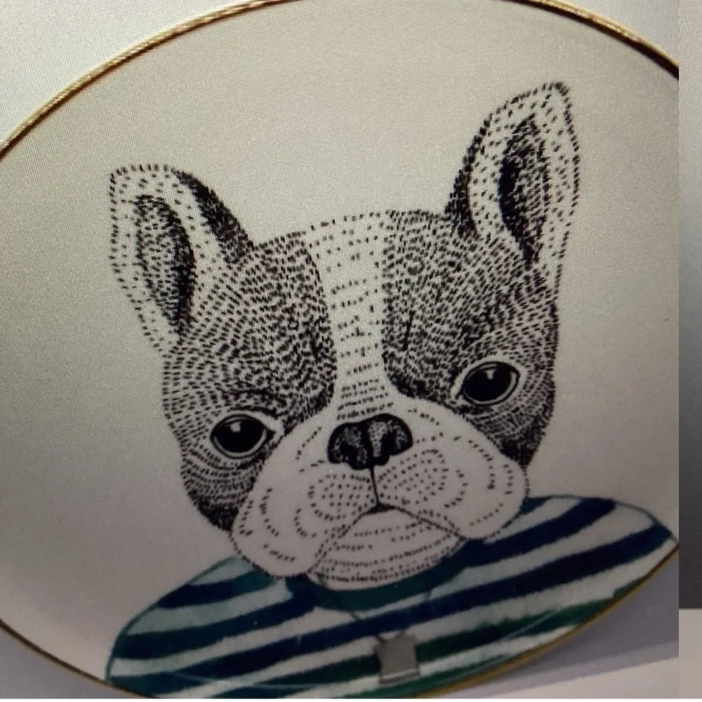 PIER 1 Book Club FRENCH BULLDOG Fine China Salad Plates Gold Trim Set/2
